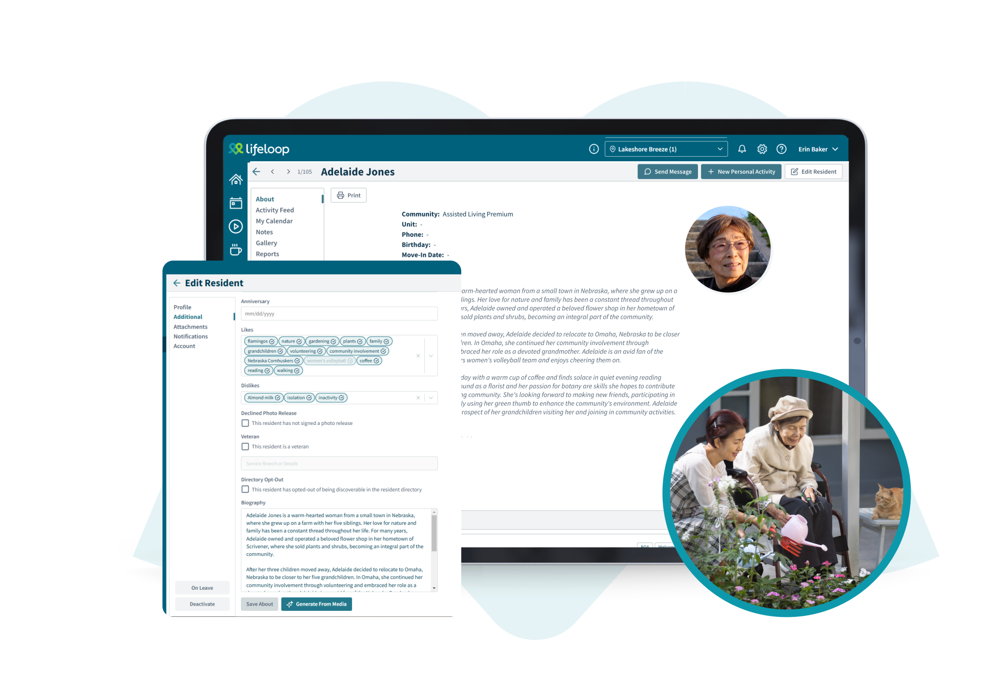 Two women watering plants and a tablet screen
